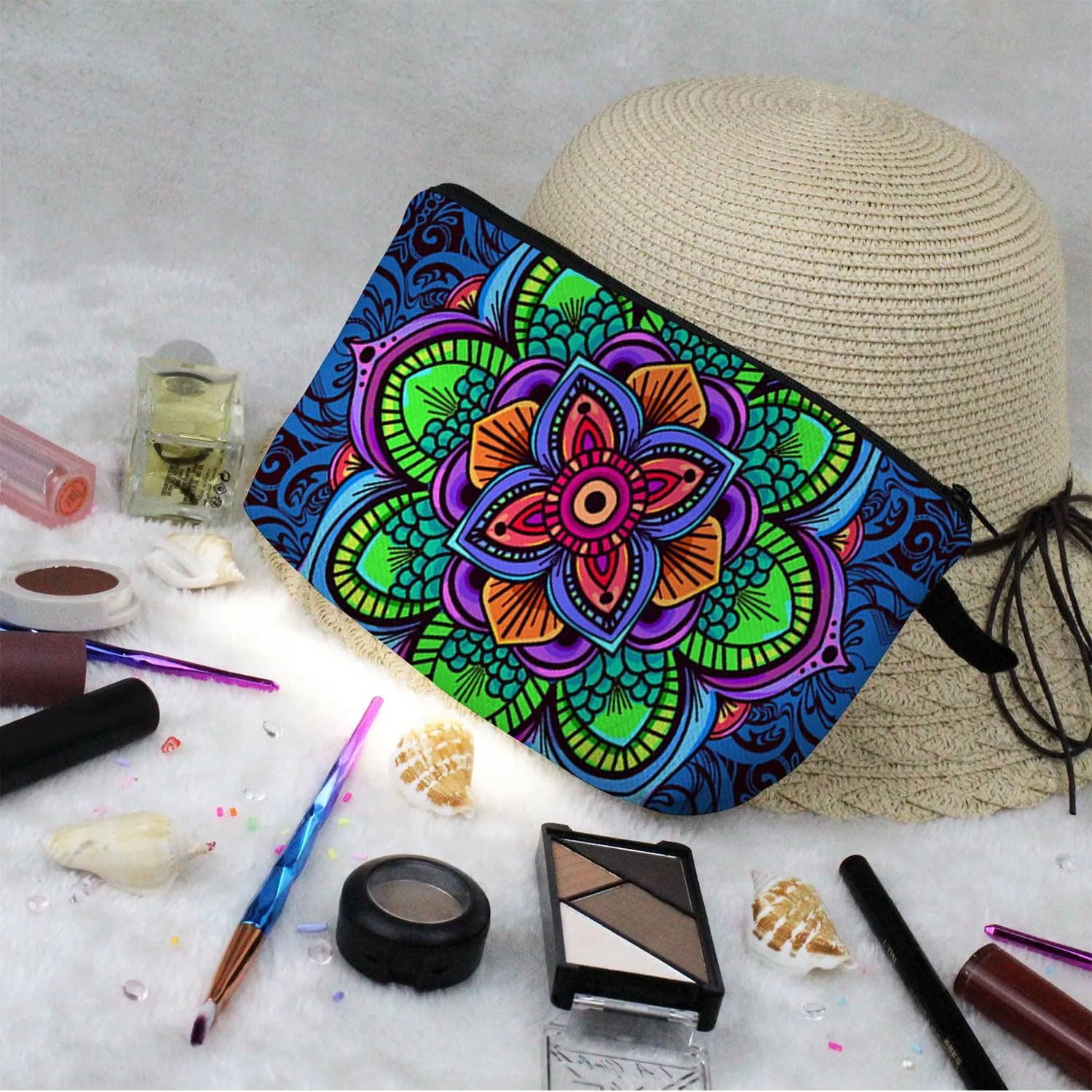 Mandala Flowers Cosmetic Bag Cute Stylish Small Makeup Organizer Zipper Pouch Floral Mandala Birthday Aesthetic Present for Women Friends Sisters