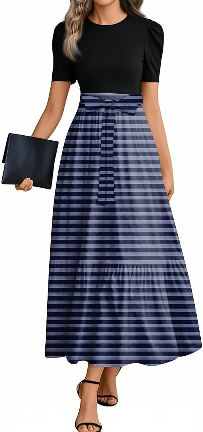 Maxi Dress for Women Spring Crewneck Light Tie Waist Line Short Sleeve Casual Beach High Waist Long Dress