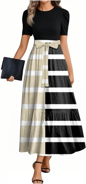 Maxi Dress for Women Spring Crewneck Light Tie Waist Line Short Sleeve Casual Beach High Waist Long Dress