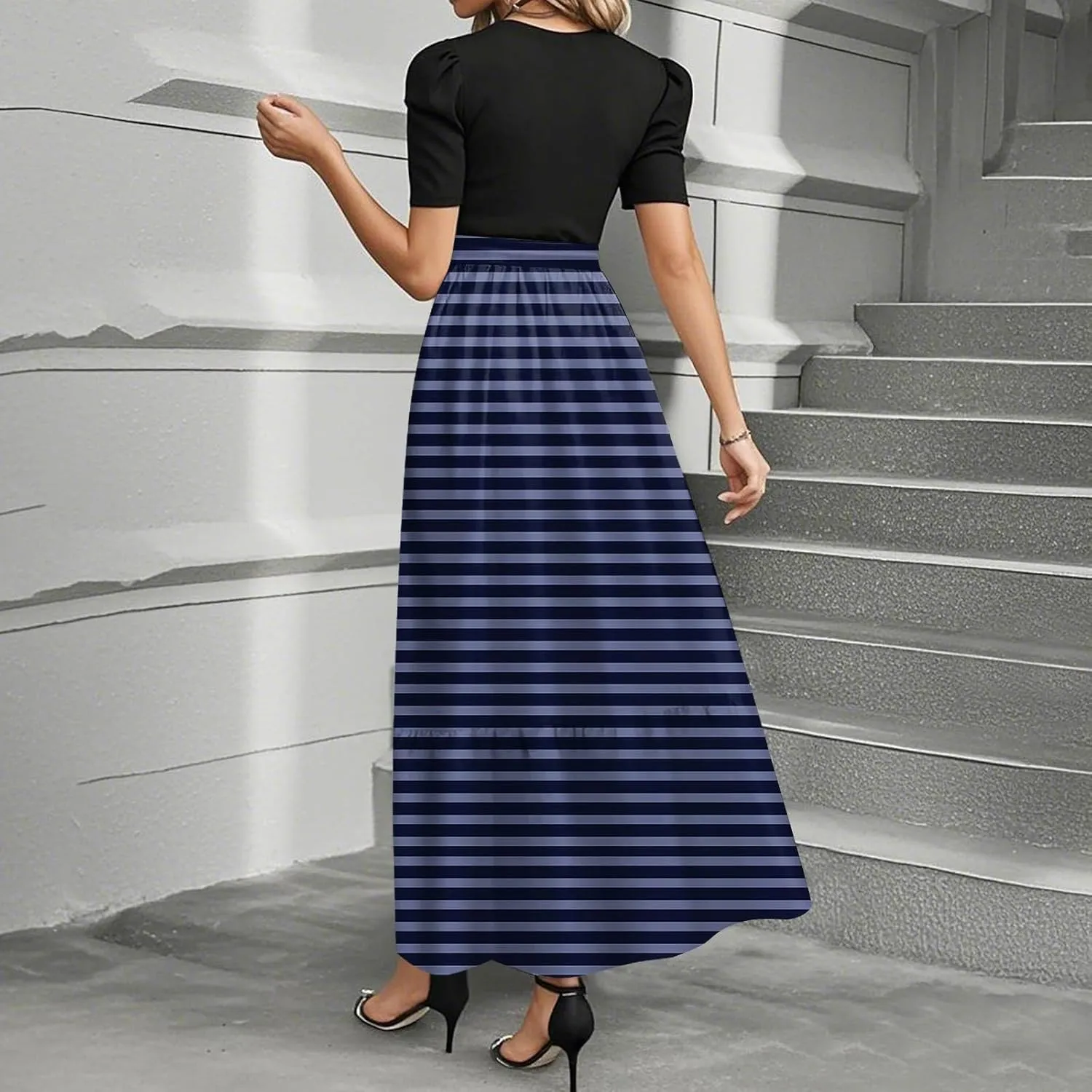 Maxi Dress for Women Spring Crewneck Light Tie Waist Line Short Sleeve Casual Beach High Waist Long Dress
