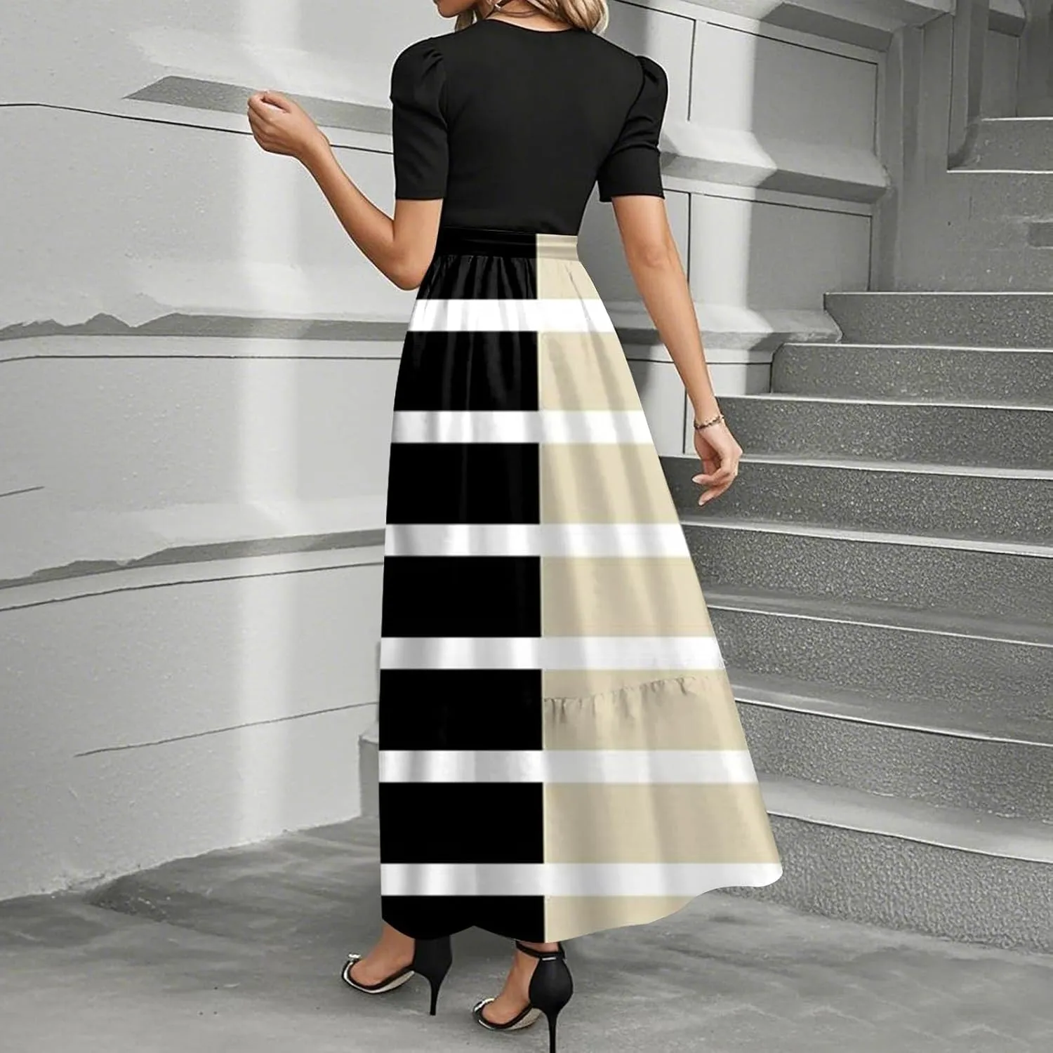 Maxi Dress for Women Spring Crewneck Light Tie Waist Line Short Sleeve Casual Beach High Waist Long Dress