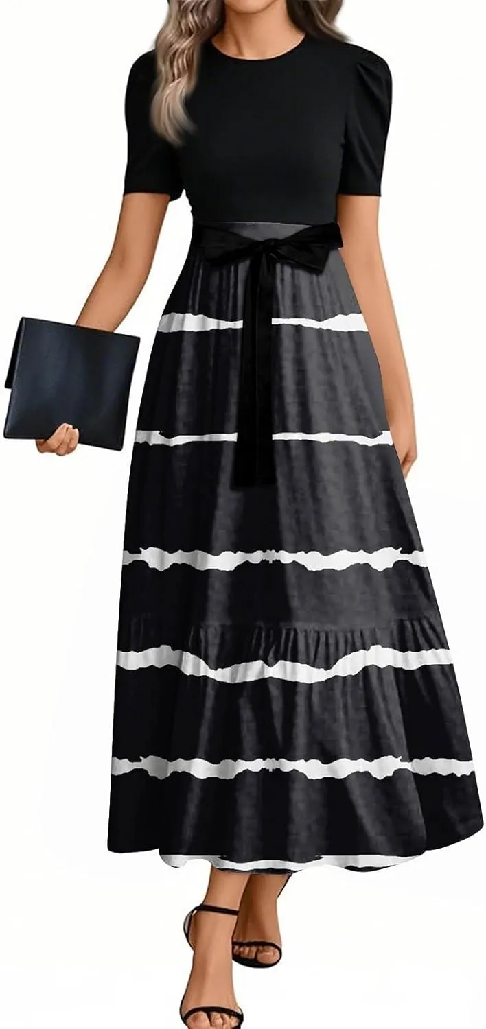 Maxi Dress for Women Spring Crewneck Light Tie Waist Line Short Sleeve Casual Beach High Waist Long Dress