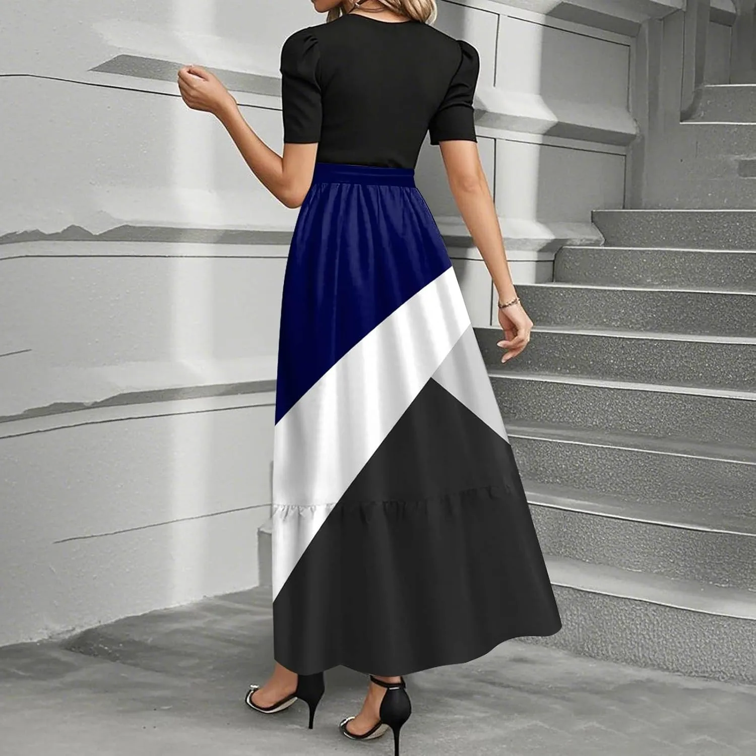 Maxi Dress for Women Spring Crewneck Light Tie Waist Line Short Sleeve Casual Beach High Waist Long Dress