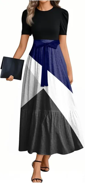 Maxi Dress for Women Spring Crewneck Light Tie Waist Line Short Sleeve Casual Beach High Waist Long Dress