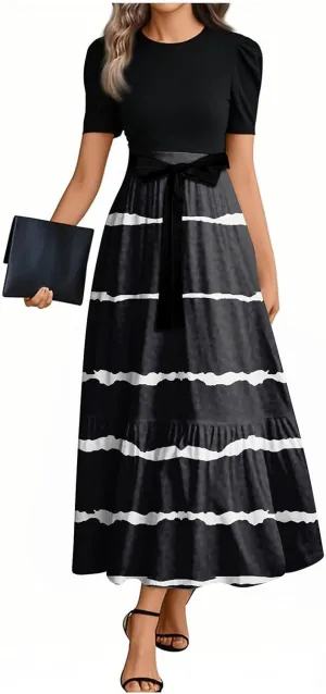 Maxi Dress for Women Spring Crewneck Light Tie Waist Line Short Sleeve Casual Beach High Waist Long Dress