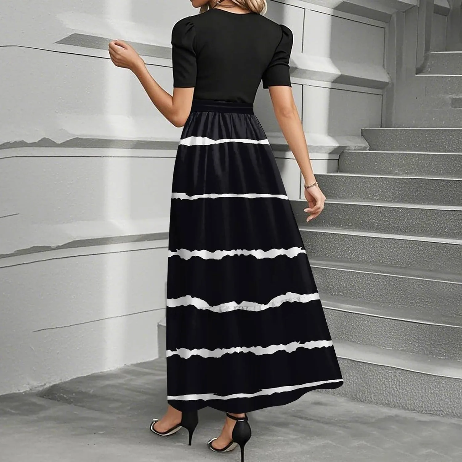 Maxi Dress for Women Spring Crewneck Light Tie Waist Line Short Sleeve Casual Beach High Waist Long Dress