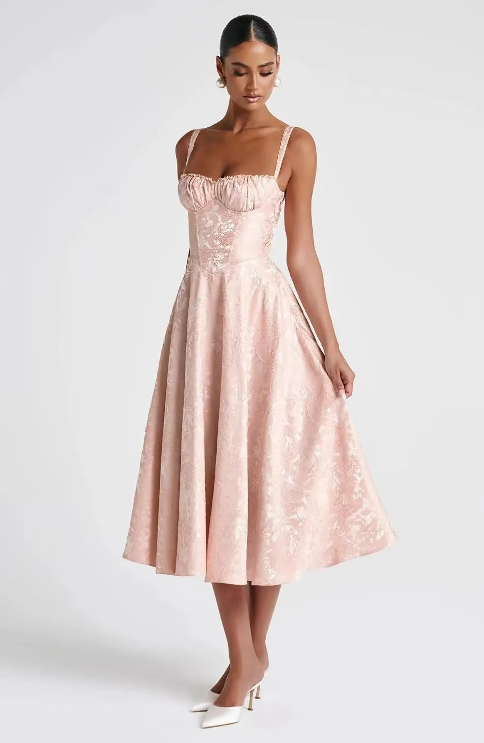 Maxianever Jacquard Satin Midi Dresses for Women 2025 Sweetheart A-Line Prom Cocktail Gown