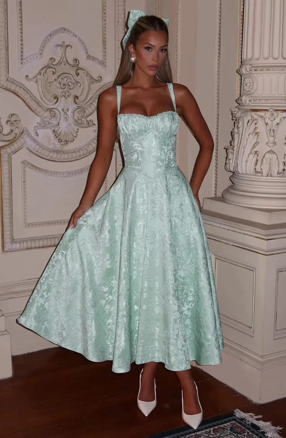 Maxianever Jacquard Satin Midi Dresses for Women 2025 Sweetheart A-Line Prom Cocktail Gown