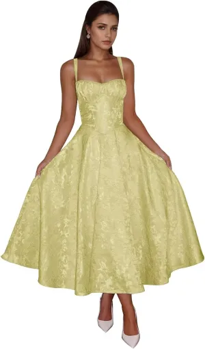 Maxianever Jacquard Satin Midi Dresses for Women 2025 Sweetheart A-Line Prom Cocktail Gown