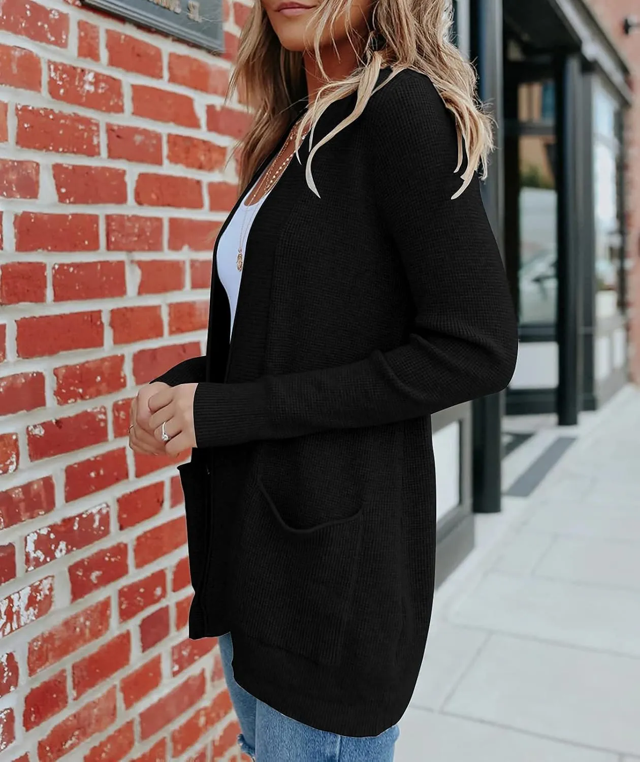 MEROKEETY Women's 2025 Fall Open Front Waffle Knit Cardigan Long Sleeve Cozy Knit Sweaters with Pockets