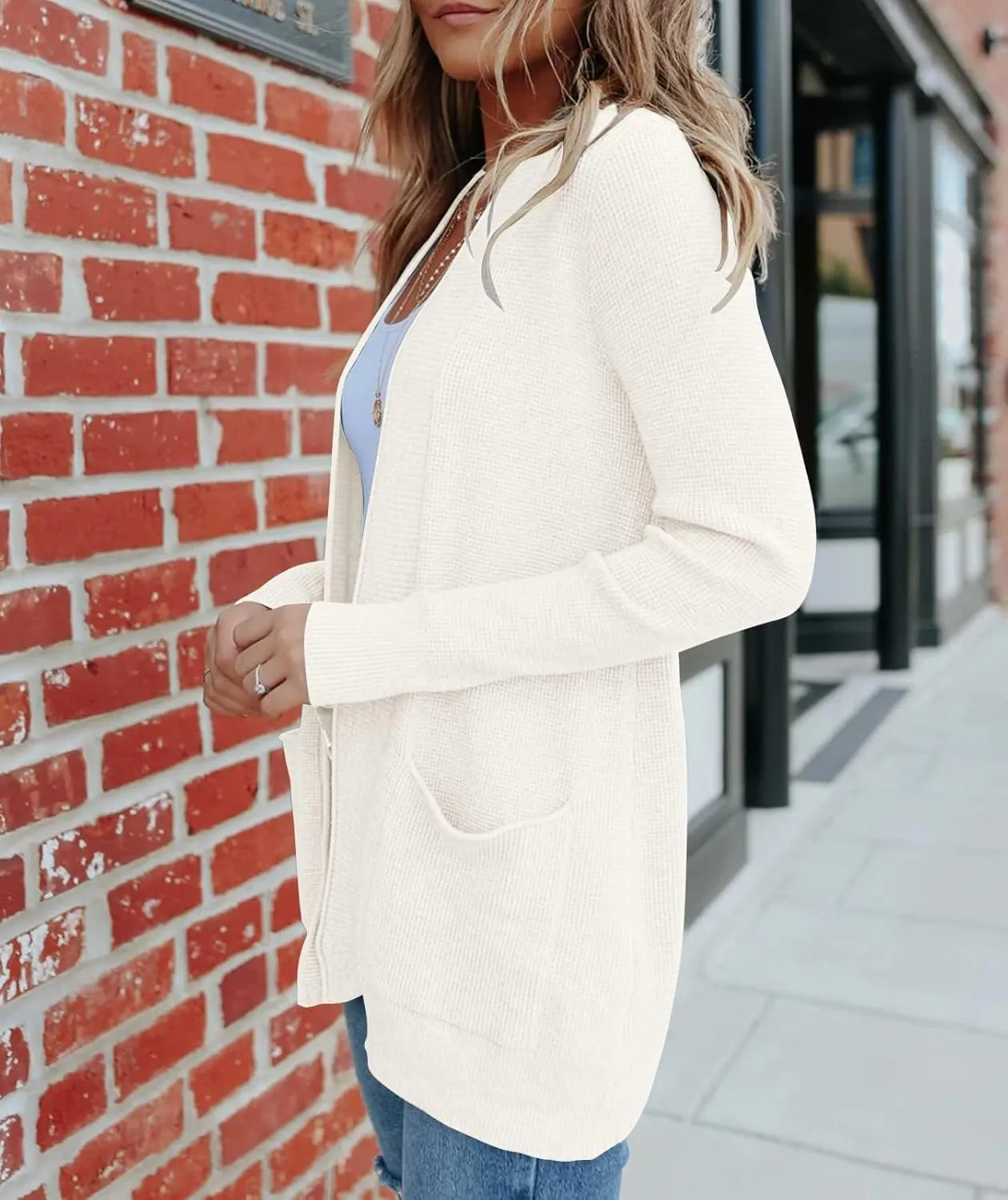 MEROKEETY Women's 2025 Fall Open Front Waffle Knit Cardigan Long Sleeve Cozy Knit Sweaters with Pockets