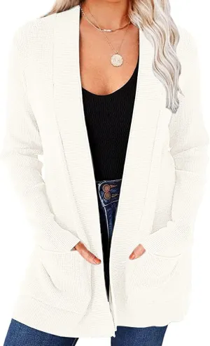 MEROKEETY Women's 2025 Fall Open Front Waffle Knit Cardigan Long Sleeve Cozy Knit Sweaters with Pockets
