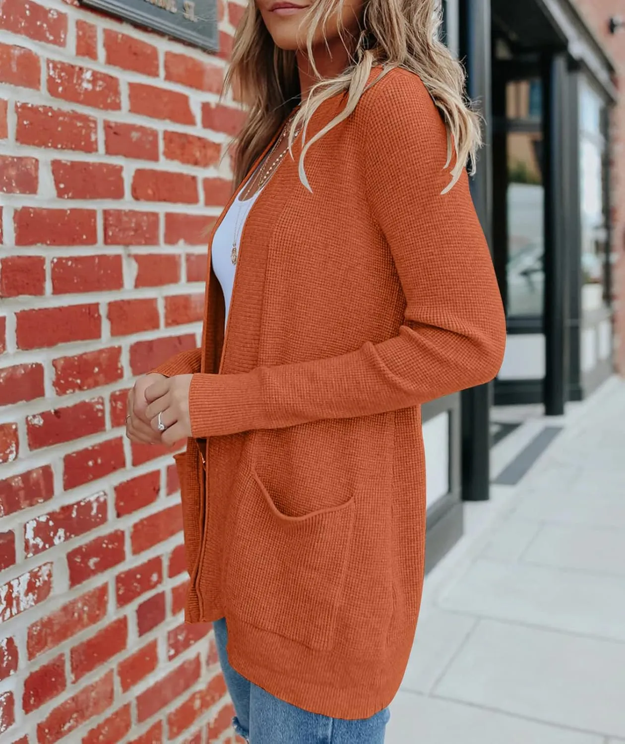 MEROKEETY Women's 2025 Fall Open Front Waffle Knit Cardigan Long Sleeve Cozy Knit Sweaters with Pockets
