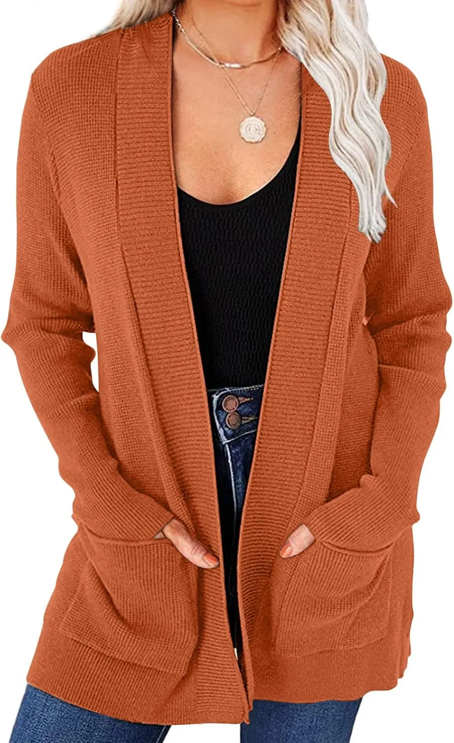 MEROKEETY Women's 2025 Fall Open Front Waffle Knit Cardigan Long Sleeve Cozy Knit Sweaters with Pockets