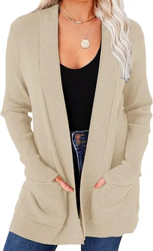 MEROKEETY Women's 2025 Fall Open Front Waffle Knit Cardigan Long Sleeve Cozy Knit Sweaters with Pockets