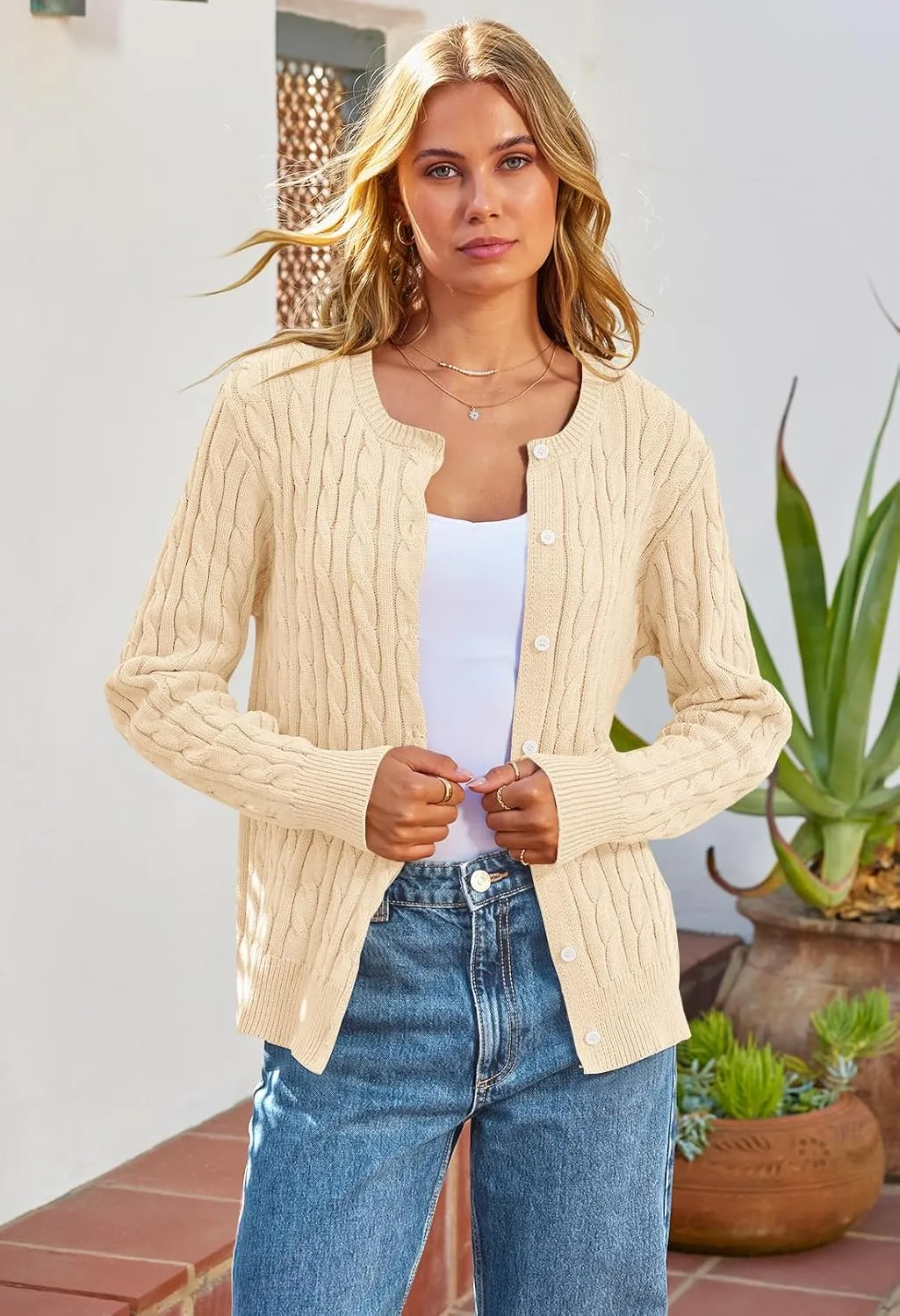 MEROKEETY Women's Cable Knit Open Front Cardigan Sweaters Fall Long Sleeve Button Down Soft Outwear