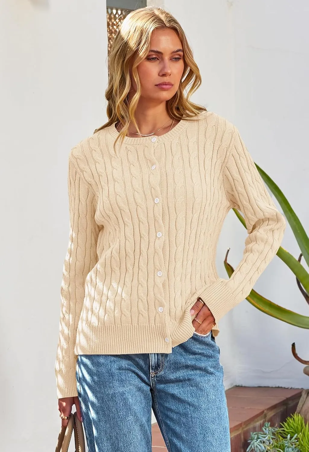 MEROKEETY Women's Cable Knit Open Front Cardigan Sweaters Fall Long Sleeve Button Down Soft Outwear