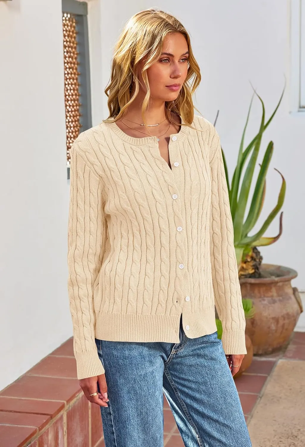 MEROKEETY Women's Cable Knit Open Front Cardigan Sweaters Fall Long Sleeve Button Down Soft Outwear
