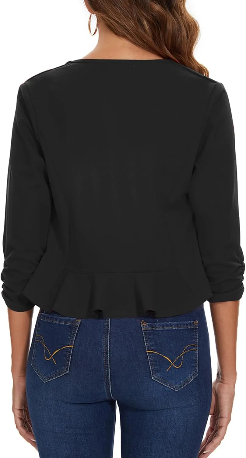 MINTLIMIT Cropped Blazer for Women 3/4 Ruched Sleeve Collarless Open Front Casual Work Office Cardigan Suit Jacket