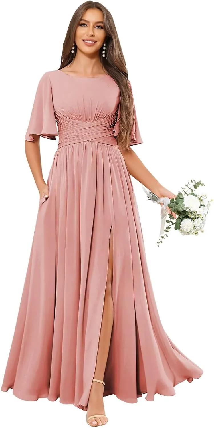 Modest Bridesmaid Dresses for Women Scoop Neck Short Sleeve A Line Chiffon Long Formal Wedding Guest Dress
