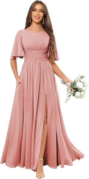 Modest Bridesmaid Dresses for Women Scoop Neck Short Sleeve A Line Chiffon Long Formal Wedding Guest Dress