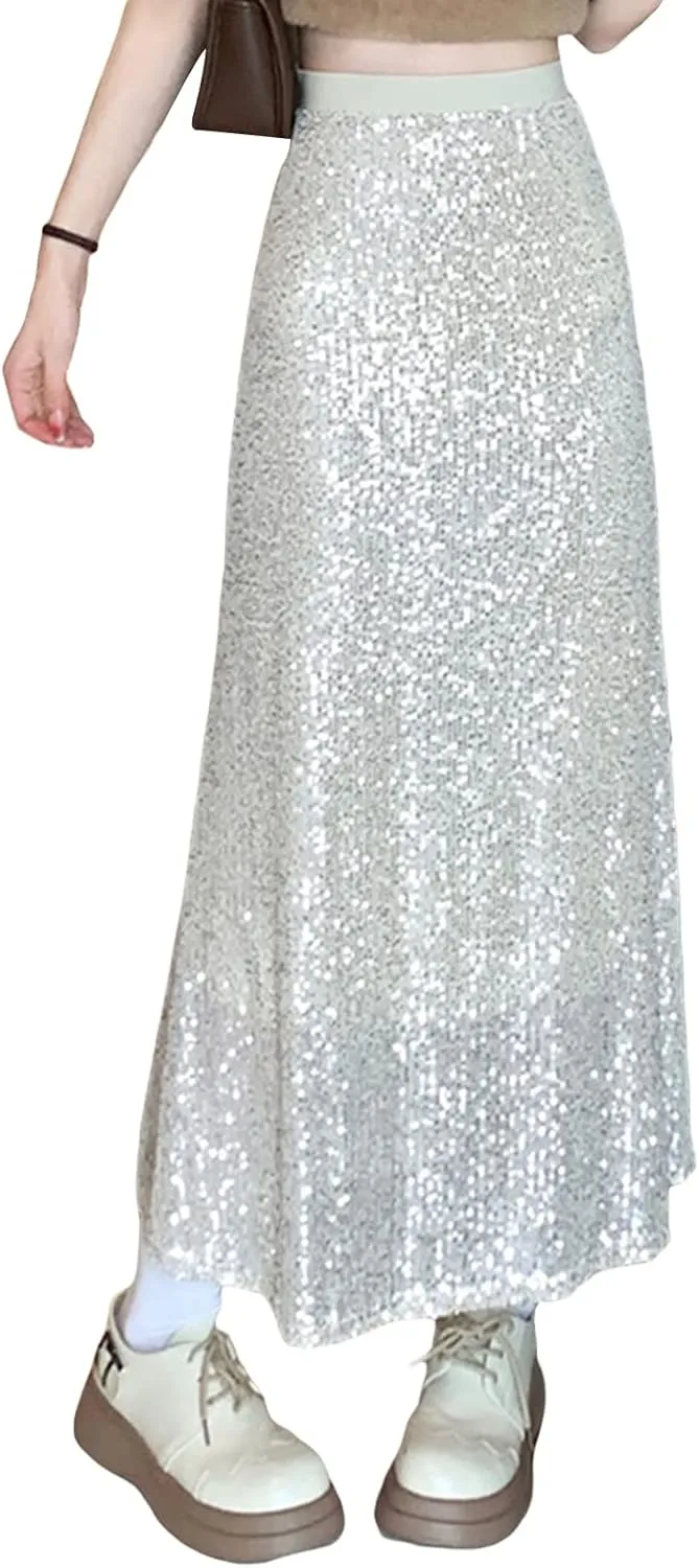 Multitrust Women Sequins Sparkly Long Skirts High Elastic Waist Glitter Sparkle A Line Maxi Skirt Concert Party Club Dress