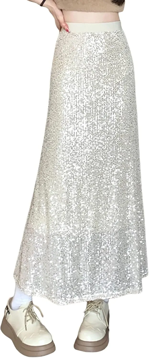 Multitrust Women Sequins Sparkly Long Skirts High Elastic Waist Glitter Sparkle A Line Maxi Skirt Concert Party Club Dress