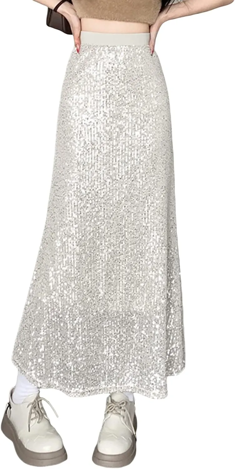 Multitrust Women Sequins Sparkly Long Skirts High Elastic Waist Glitter Sparkle A Line Maxi Skirt Concert Party Club Dress