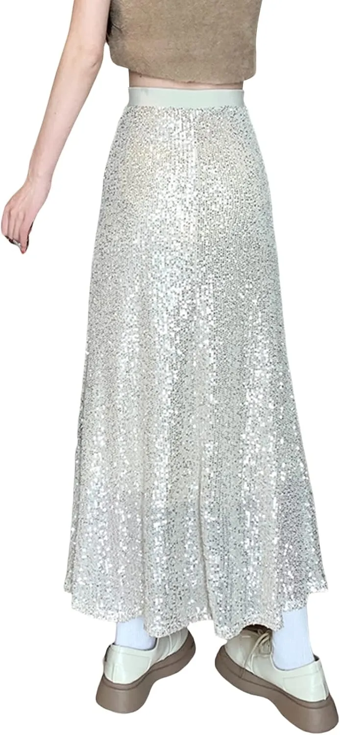 Multitrust Women Sequins Sparkly Long Skirts High Elastic Waist Glitter Sparkle A Line Maxi Skirt Concert Party Club Dress