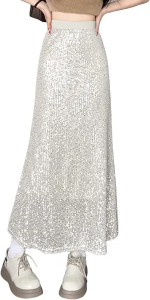 Multitrust Women Sequins Sparkly Long Skirts High Elastic Waist Glitter Sparkle A Line Maxi Skirt Concert Party Club Dress