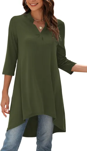 Naggoo Women's 3/4 Sleeve Notch V Neck High Low Loose Fit Long Tunic Tops Shirts Blouses M-3XL