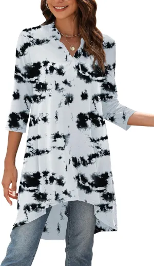Naggoo Women's 3/4 Sleeve Notch V Neck High Low Loose Fit Long Tunic Tops Shirts Blouses M-3XL