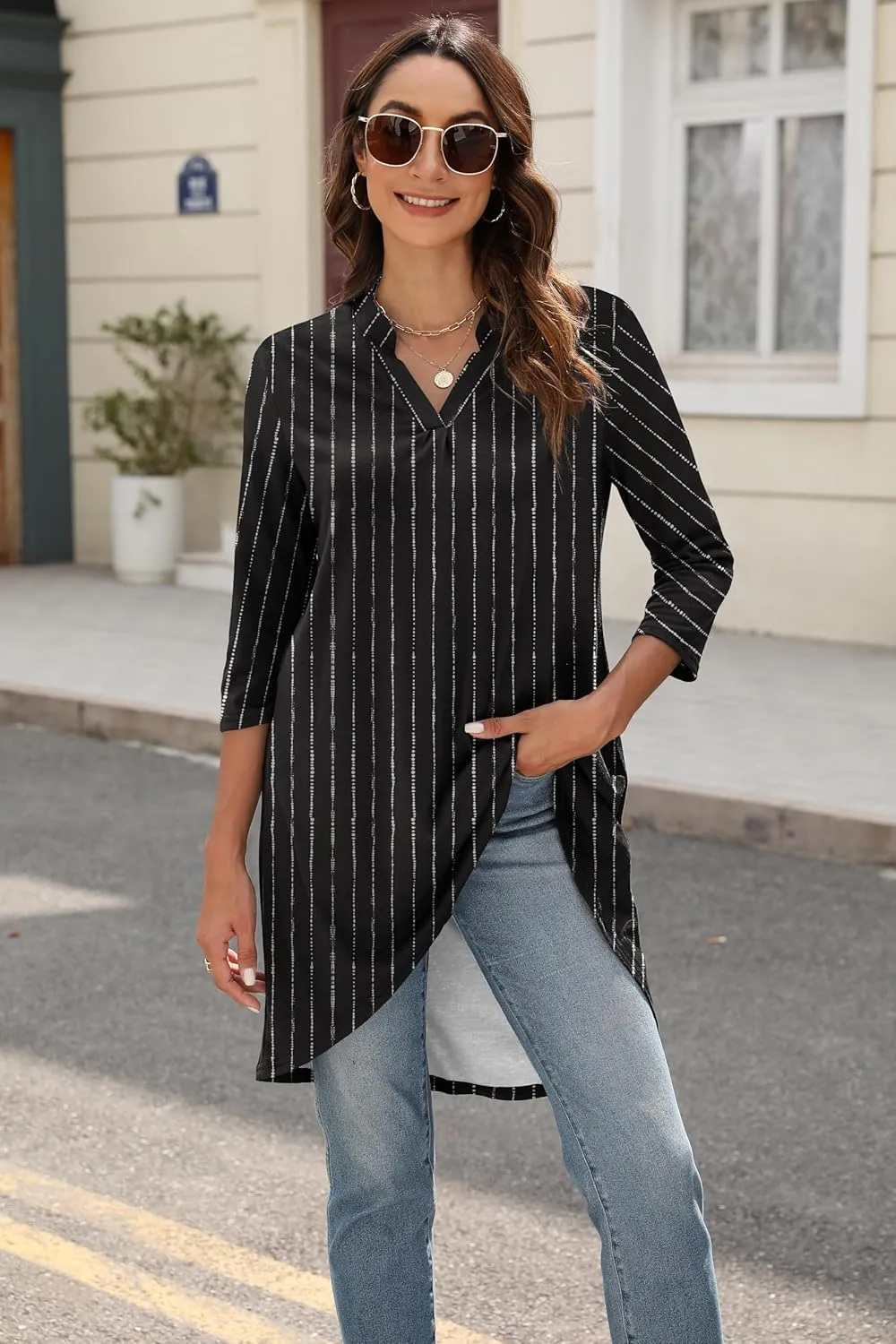 Naggoo Women's 3/4 Sleeve Notch V Neck High Low Loose Fit Long Tunic Tops Shirts Blouses M-3XL