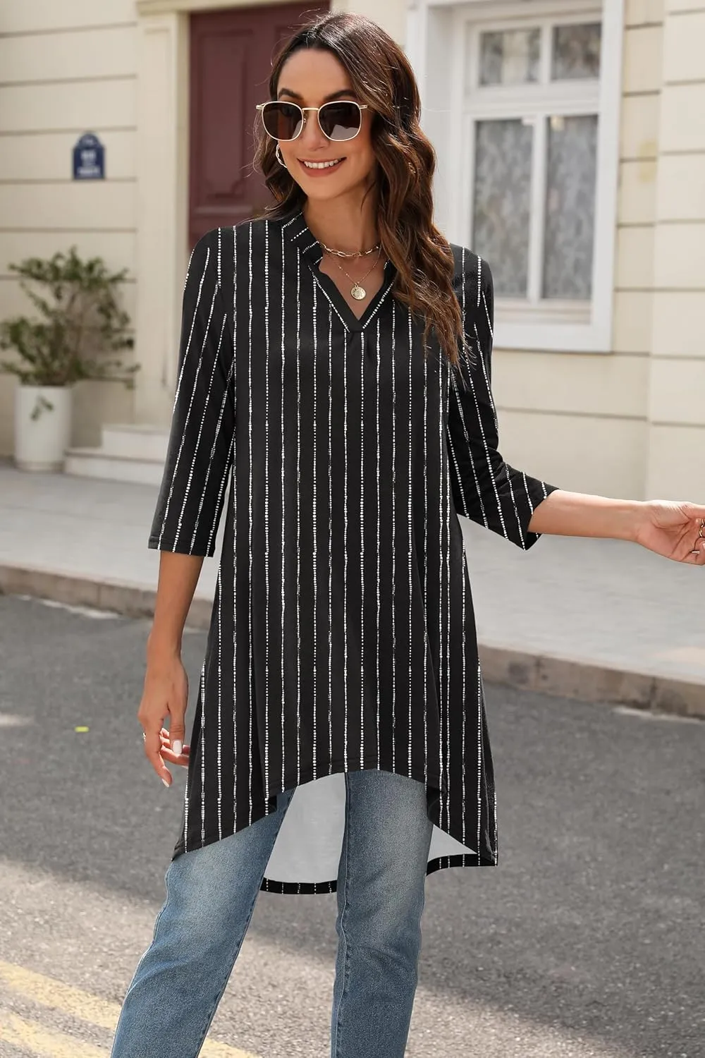 Naggoo Women's 3/4 Sleeve Notch V Neck High Low Loose Fit Long Tunic Tops Shirts Blouses M-3XL