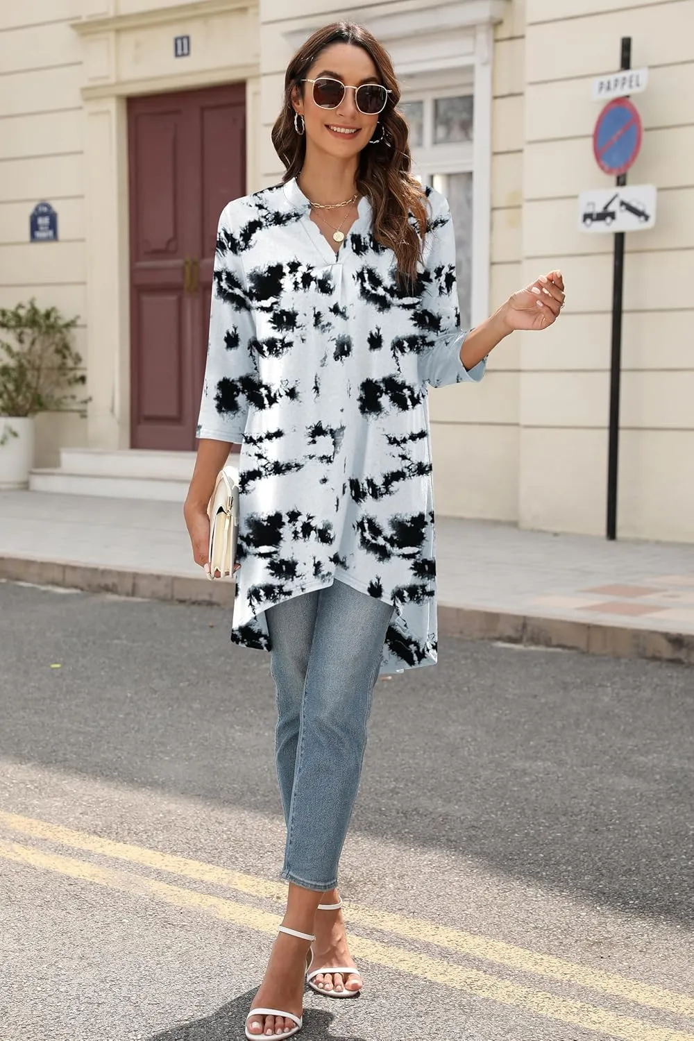 Naggoo Women's 3/4 Sleeve Notch V Neck High Low Loose Fit Long Tunic Tops Shirts Blouses M-3XL
