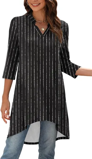 Naggoo Women's 3/4 Sleeve Notch V Neck High Low Loose Fit Long Tunic Tops Shirts Blouses M-3XL
