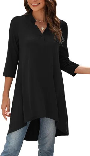 Naggoo Women's 3/4 Sleeve Notch V Neck High Low Loose Fit Long Tunic Tops Shirts Blouses M-3XL
