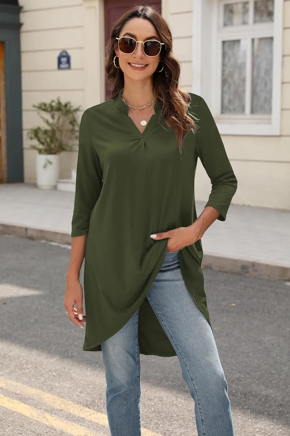 Naggoo Women's 3/4 Sleeve Notch V Neck High Low Loose Fit Long Tunic Tops Shirts Blouses M-3XL