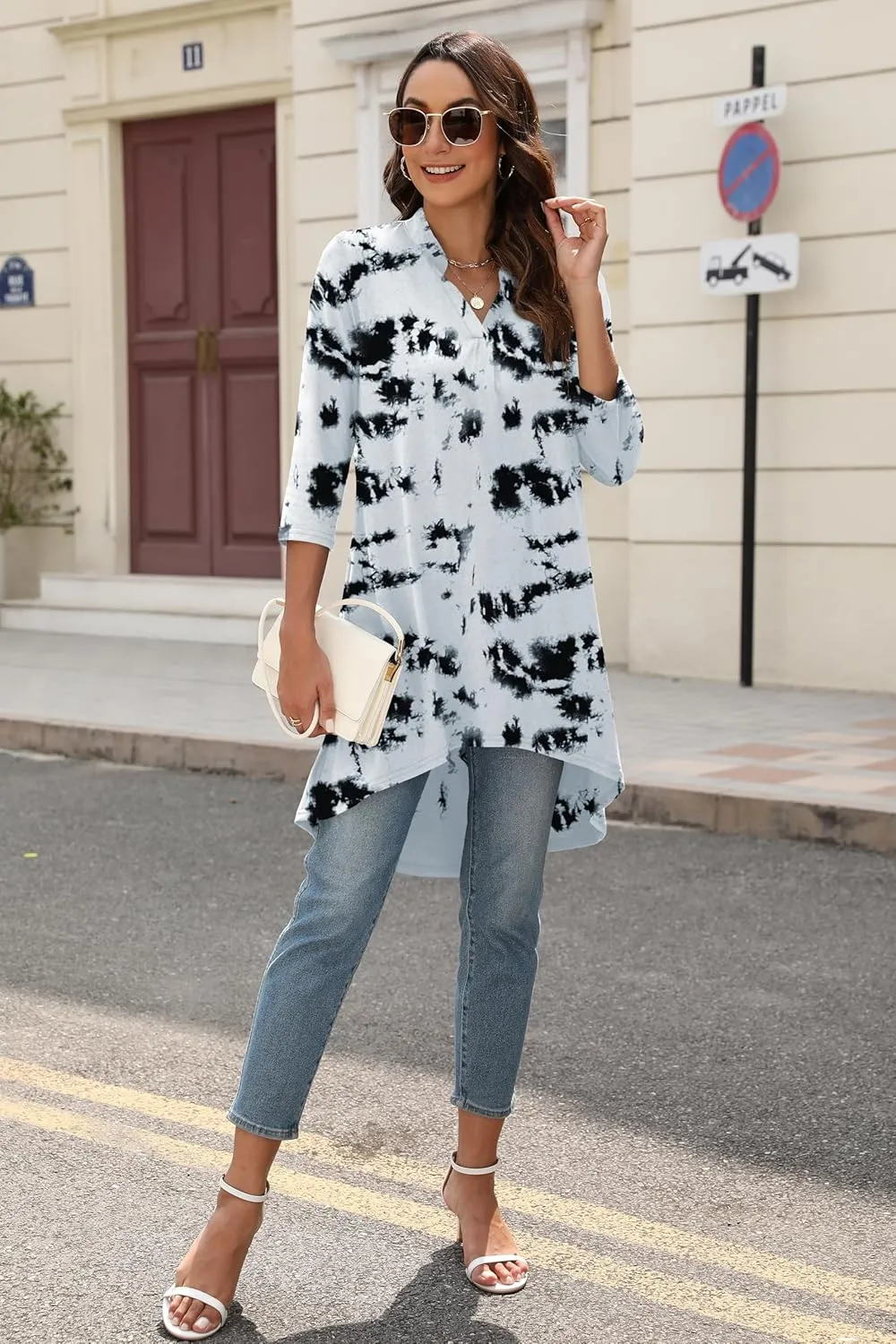 Naggoo Women's 3/4 Sleeve Notch V Neck High Low Loose Fit Long Tunic Tops Shirts Blouses M-3XL