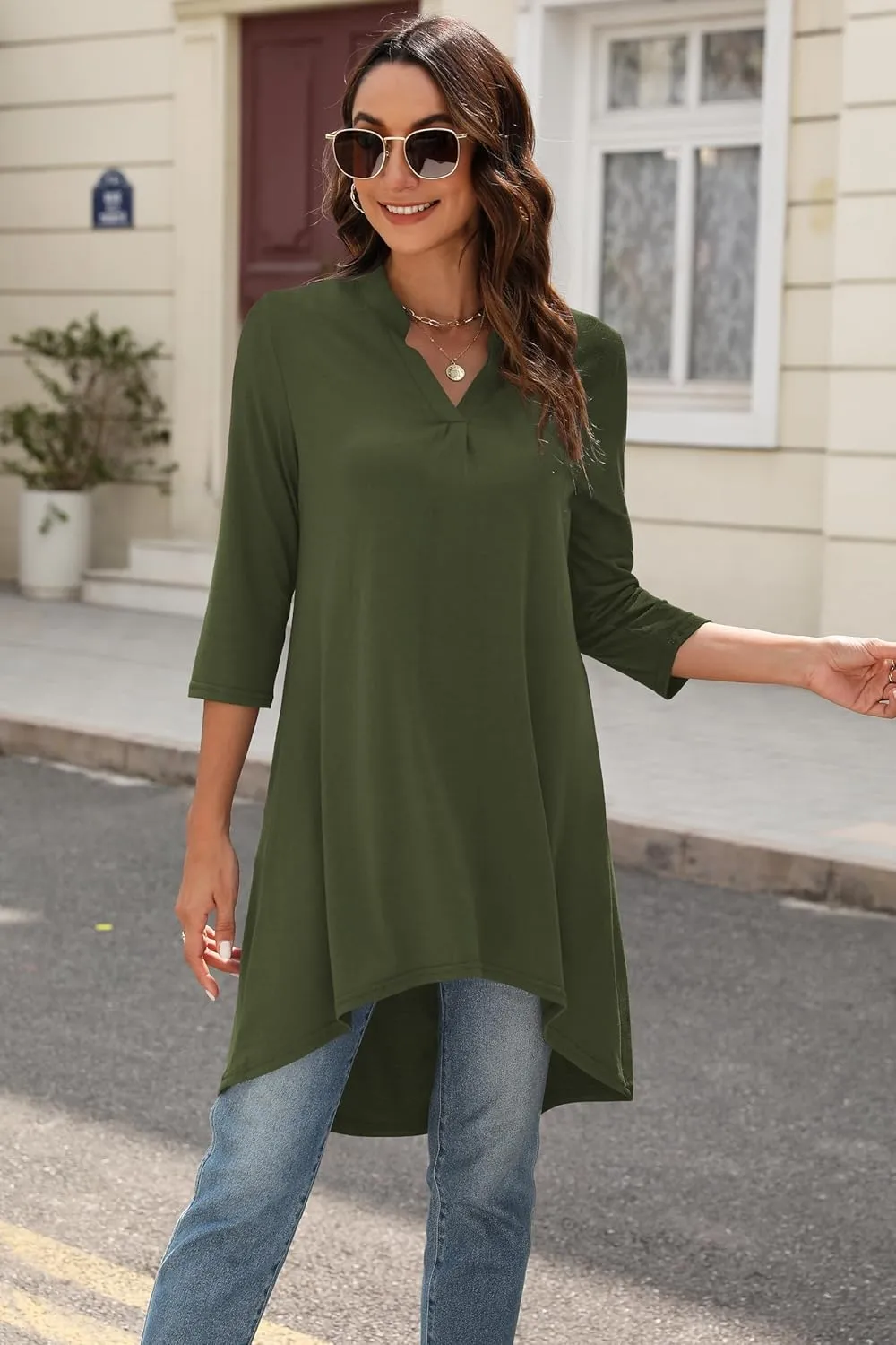 Naggoo Women's 3/4 Sleeve Notch V Neck High Low Loose Fit Long Tunic Tops Shirts Blouses M-3XL