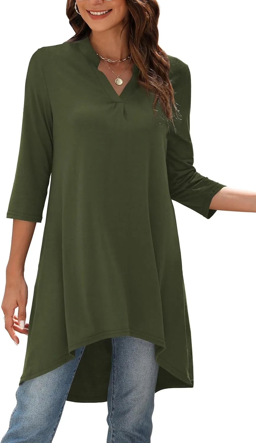 Naggoo Women's 3/4 Sleeve Notch V Neck High Low Loose Fit Long Tunic Tops Shirts Blouses M-3XL