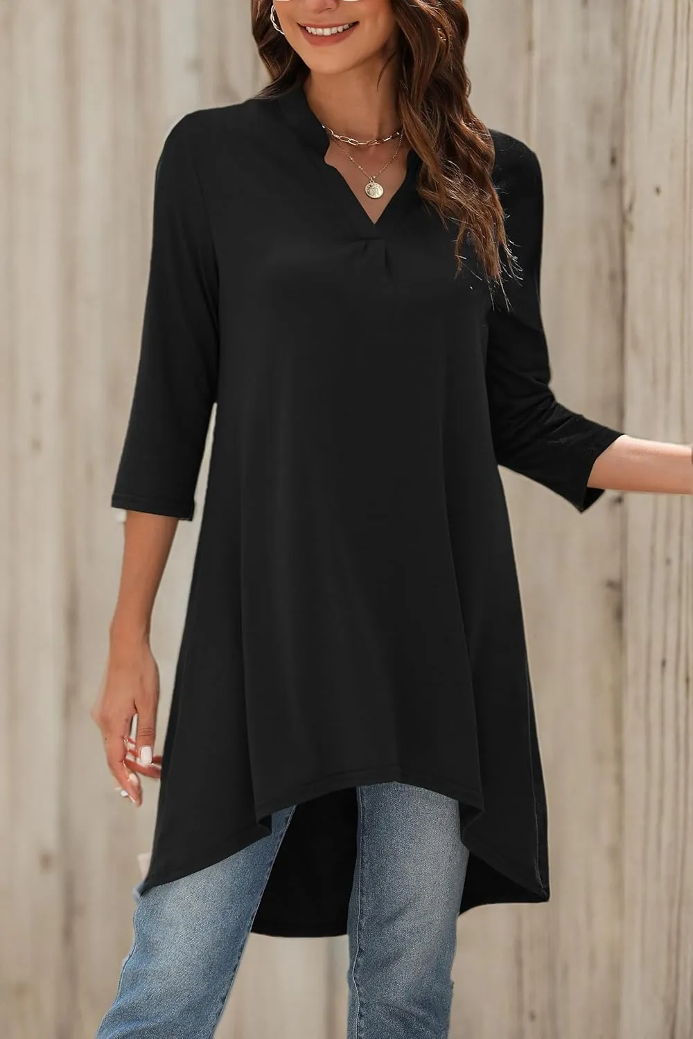 Naggoo Women's 3/4 Sleeve Notch V Neck High Low Loose Fit Long Tunic Tops Shirts Blouses M-3XL