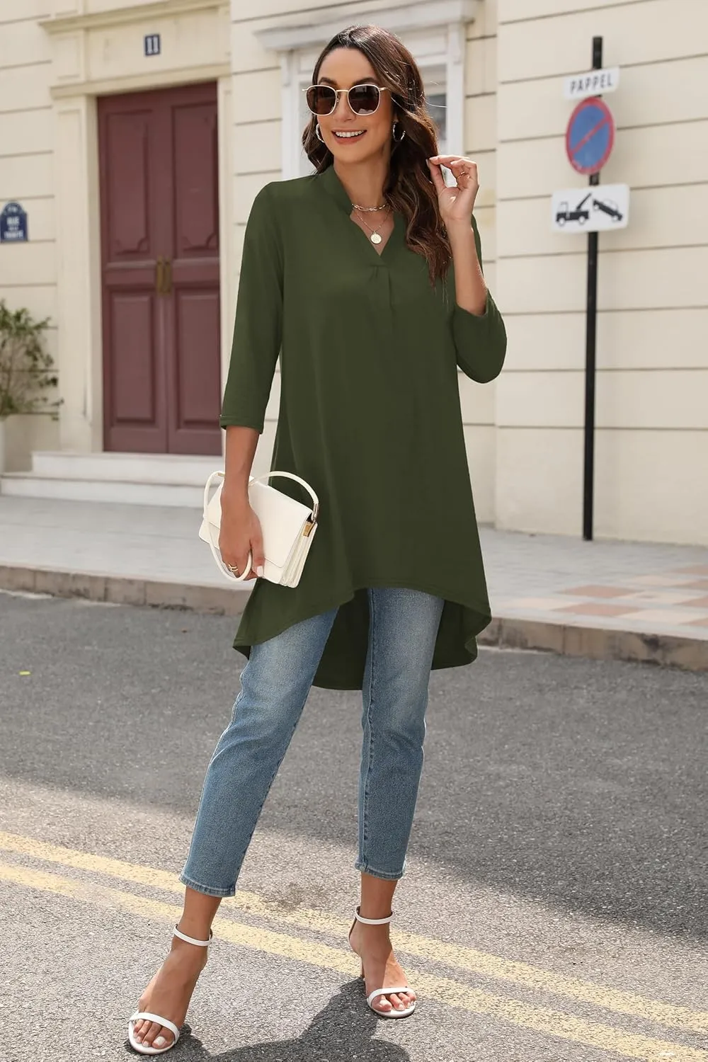 Naggoo Women's 3/4 Sleeve Notch V Neck High Low Loose Fit Long Tunic Tops Shirts Blouses M-3XL
