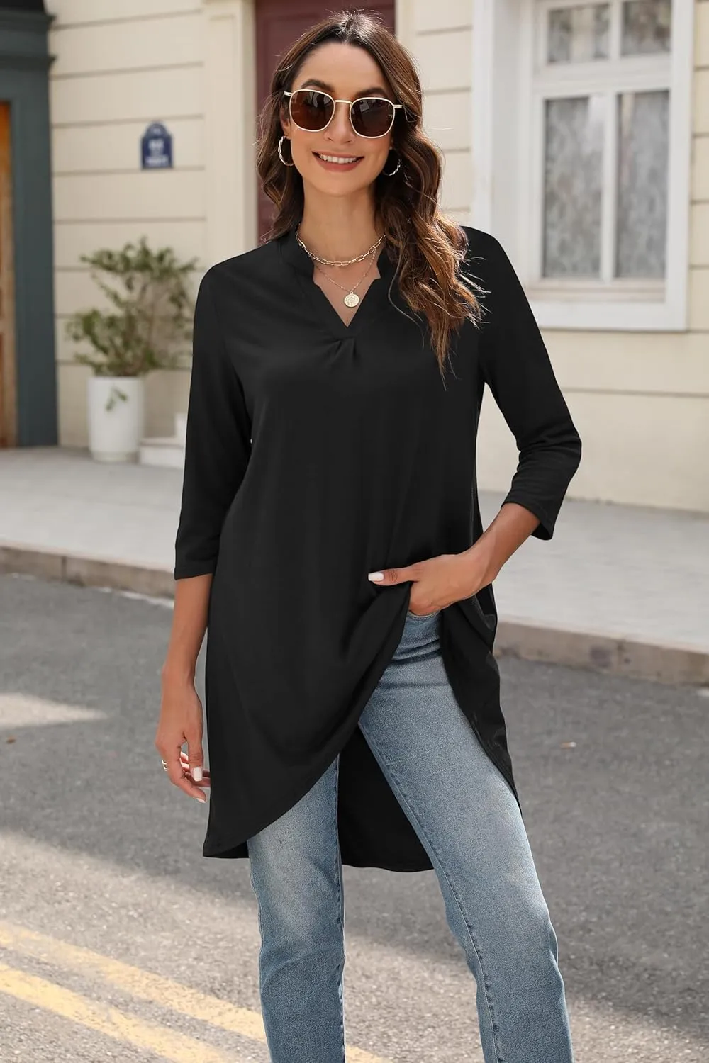 Naggoo Women's 3/4 Sleeve Notch V Neck High Low Loose Fit Long Tunic Tops Shirts Blouses M-3XL