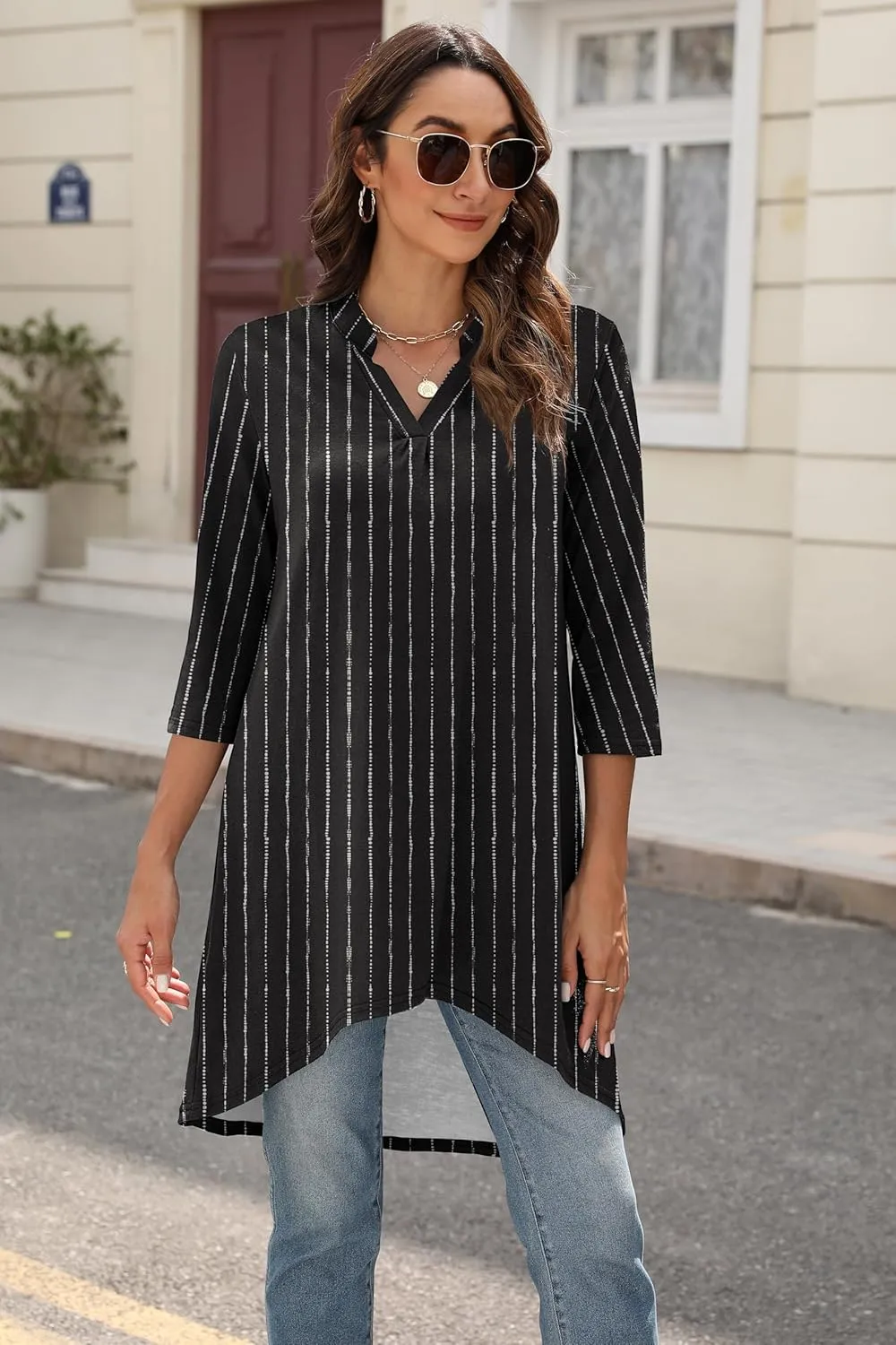 Naggoo Women's 3/4 Sleeve Notch V Neck High Low Loose Fit Long Tunic Tops Shirts Blouses M-3XL