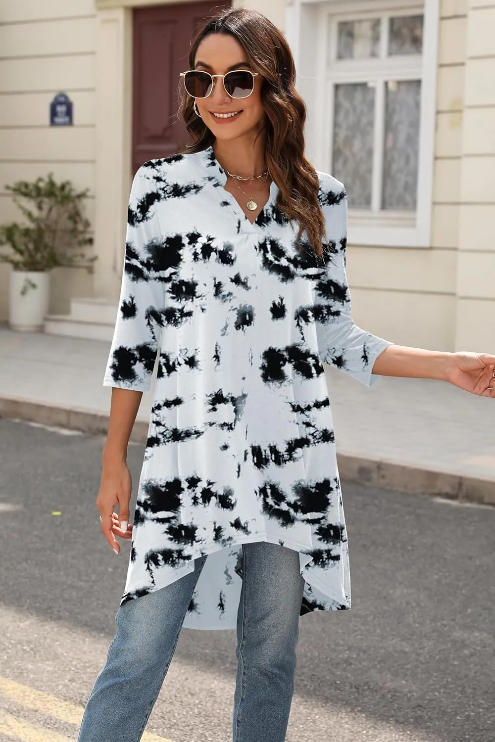 Naggoo Women's 3/4 Sleeve Notch V Neck High Low Loose Fit Long Tunic Tops Shirts Blouses M-3XL