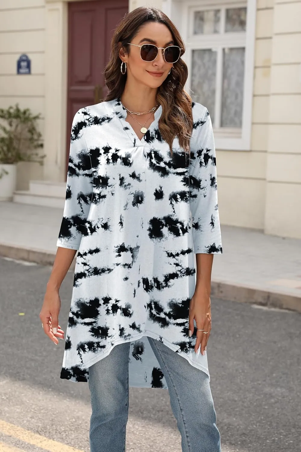 Naggoo Women's 3/4 Sleeve Notch V Neck High Low Loose Fit Long Tunic Tops Shirts Blouses M-3XL