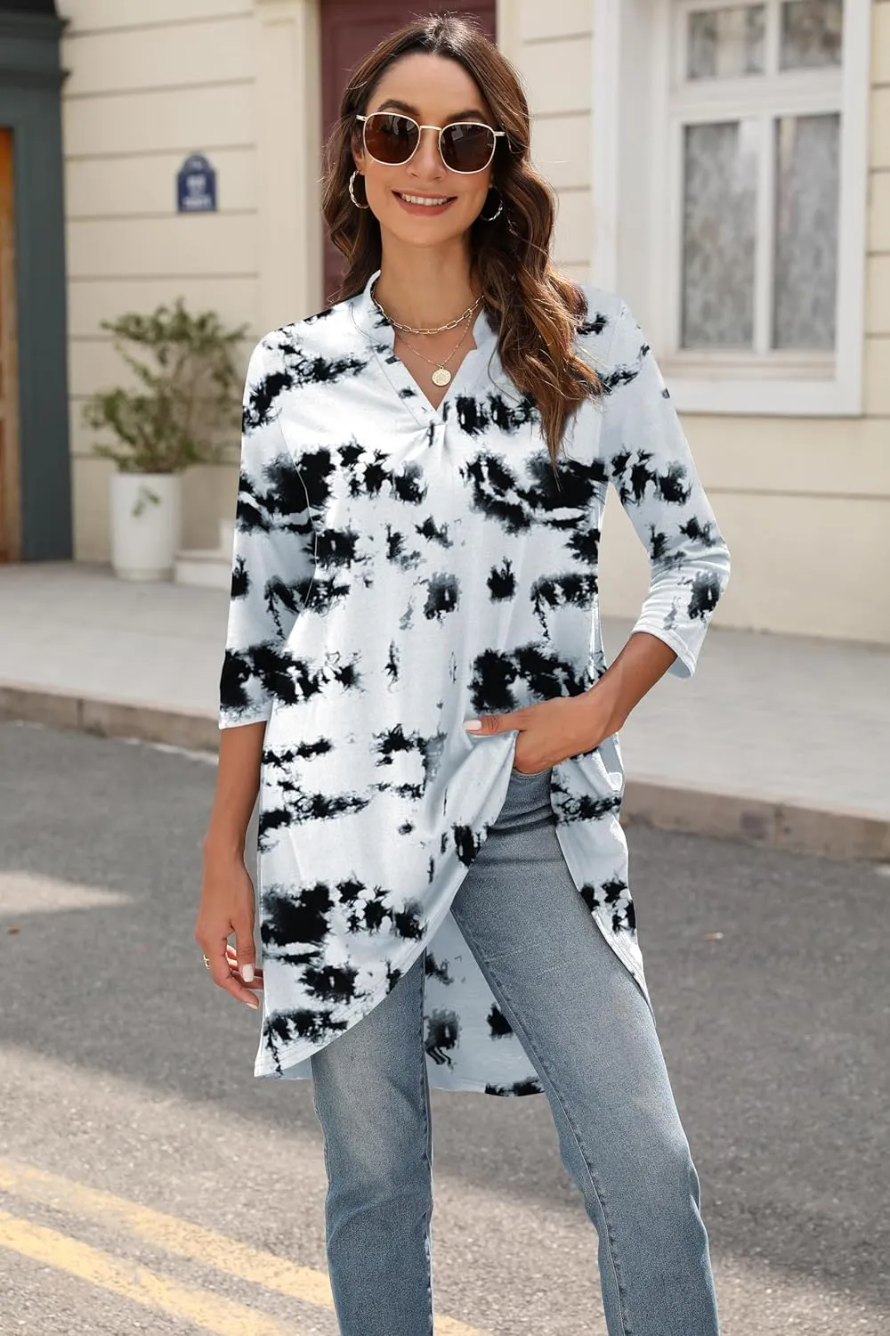 Naggoo Women's 3/4 Sleeve Notch V Neck High Low Loose Fit Long Tunic Tops Shirts Blouses M-3XL