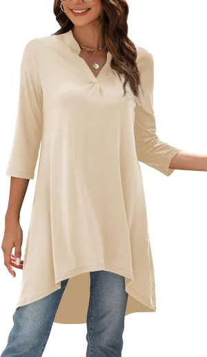 Naggoo Women's 3/4 Sleeve Notch V Neck High Low Loose Fit Long Tunic Tops Shirts Blouses M-3XL
