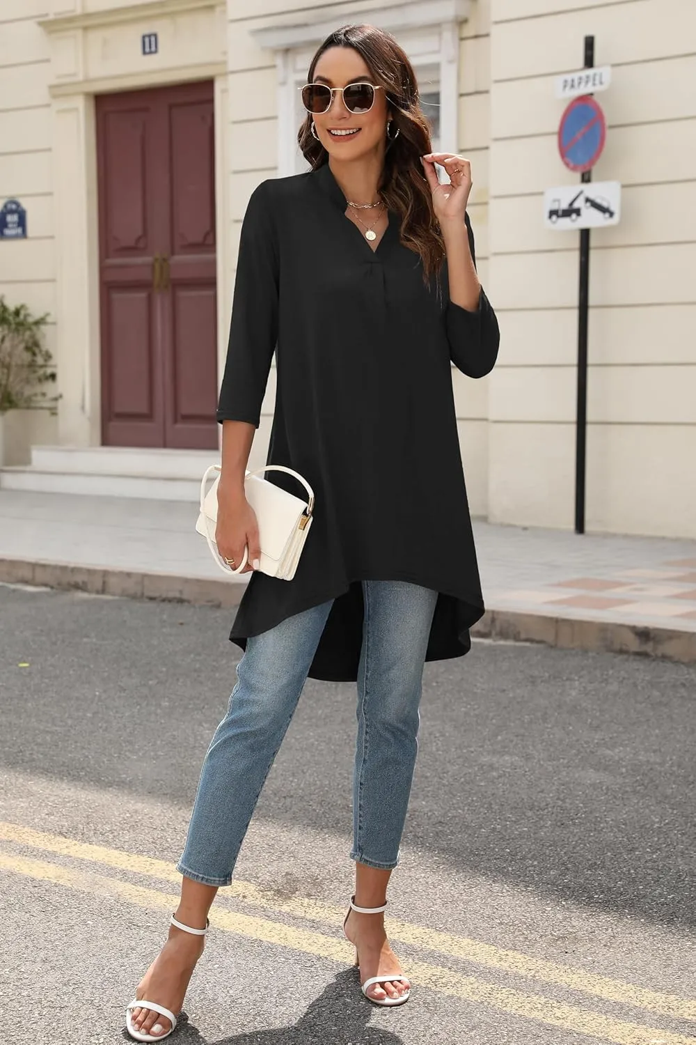 Naggoo Women's 3/4 Sleeve Notch V Neck High Low Loose Fit Long Tunic Tops Shirts Blouses M-3XL